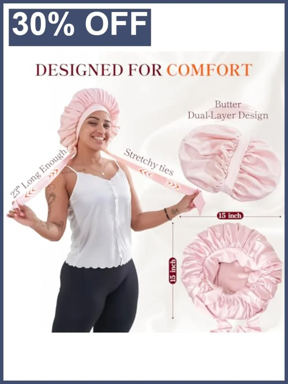 Double-Sided Charmeuse Satin Adjustable Tie Hair Bonnet for Sleeping Curly Hair